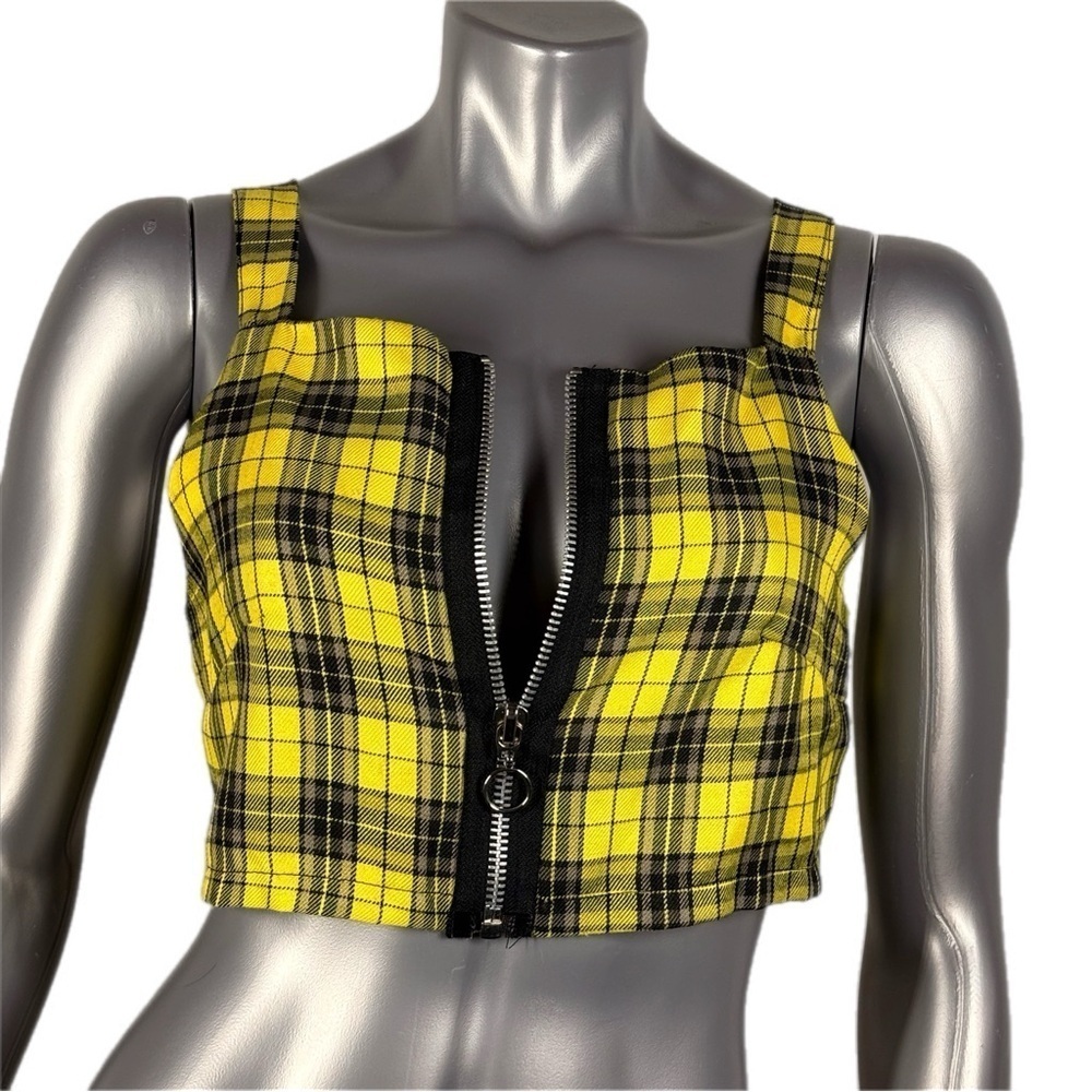 The Ragged Priest | Yellow Black Plaid Zip Up Crop Tank Top - Picture 3 of 12